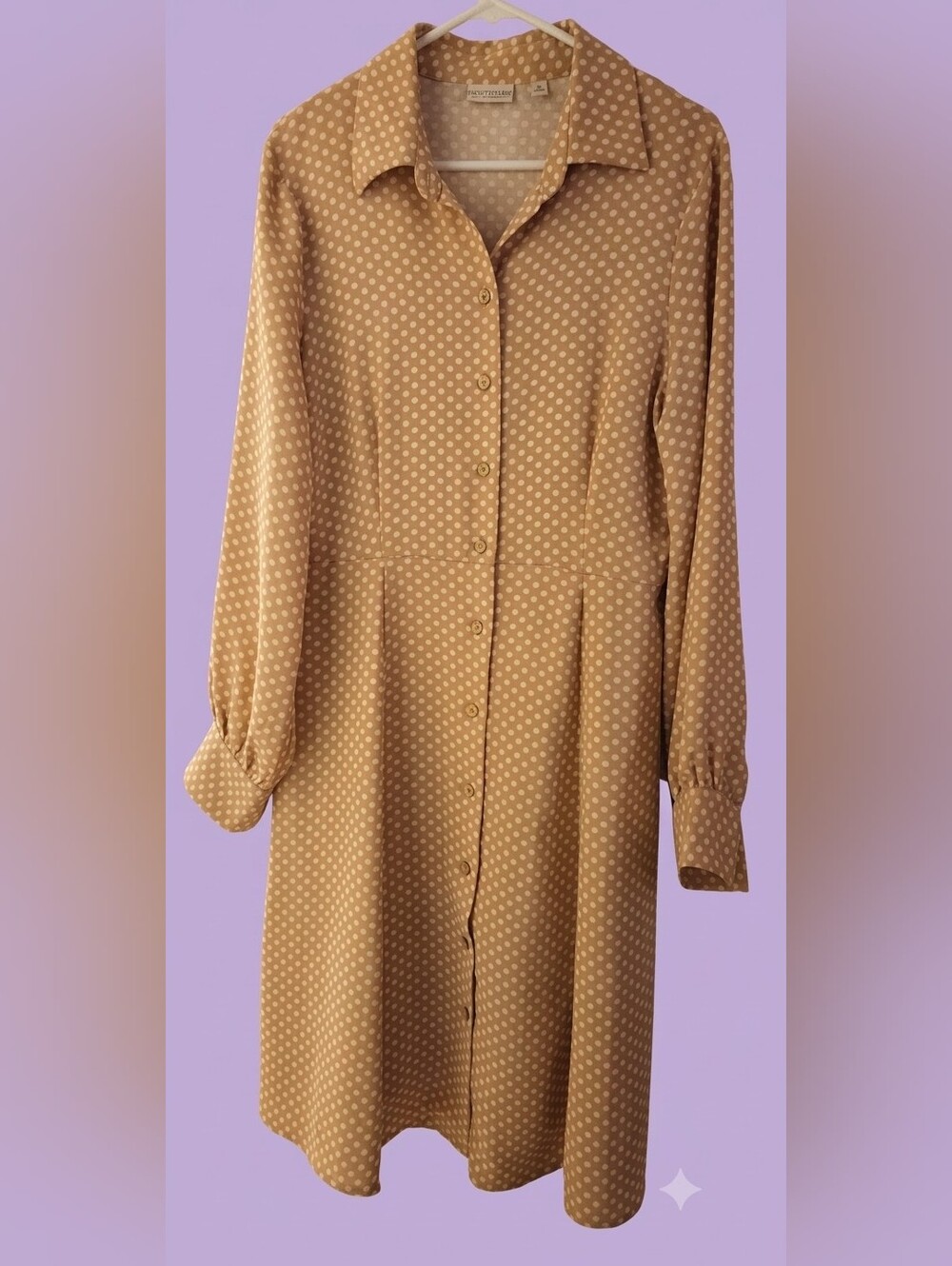 eva mendes for New York & Company Beige Polka Dot Long Sleeve Midi Dress